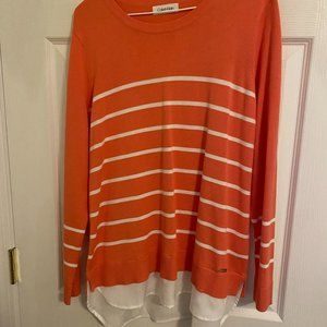 Calvin Klein pullover sweater, vivid coral/white stripes, NWOT